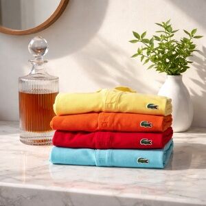 Lacoste Piqué Polo Stack of 4— Yellow, Orange, Red, Light Blue